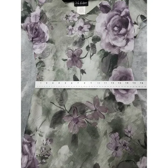 Vintage 90s SL Fashions Floral Asymmetric Chiffon Overlay V-Neck Dress 8 Green - Picture 8 of 10